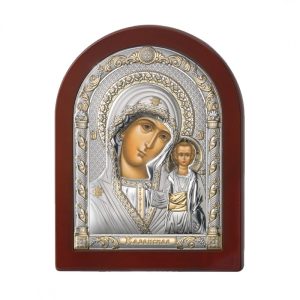 Icona Madonna di Kazan Argento/Oro e Radica Noce