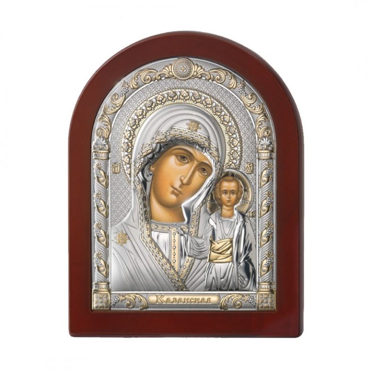 Icona Madonna di Kazan Argento/Oro e Radica Noce
