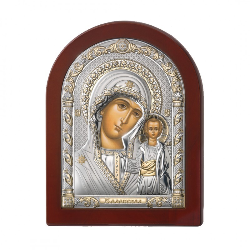 Icona Madonna di Kazan Argento/Oro e Radica Noce