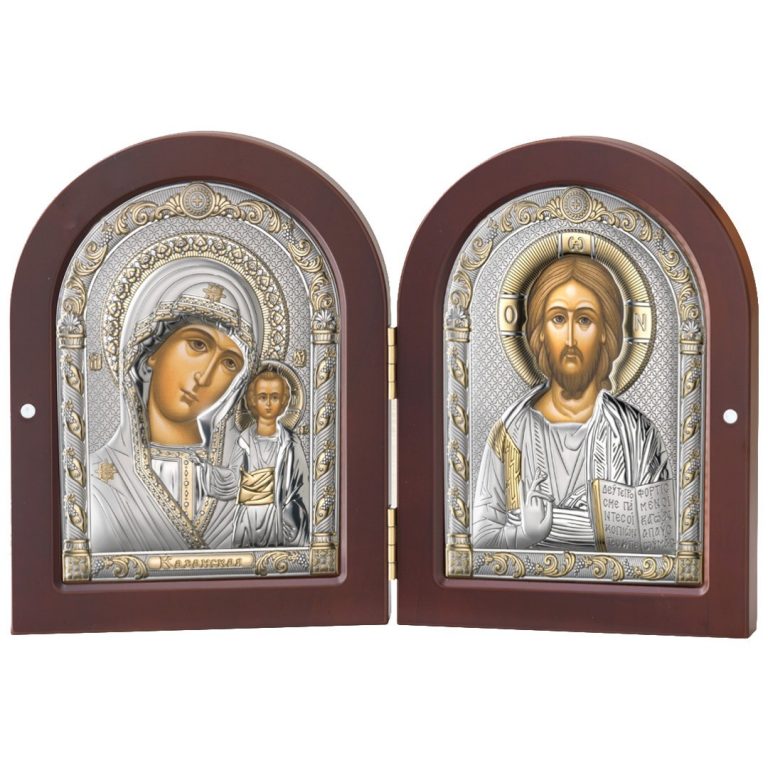 Doppia Icona Vergine di Kazan + Cristo ARGENTO/ORO E RADICA NOCE 15x20cm